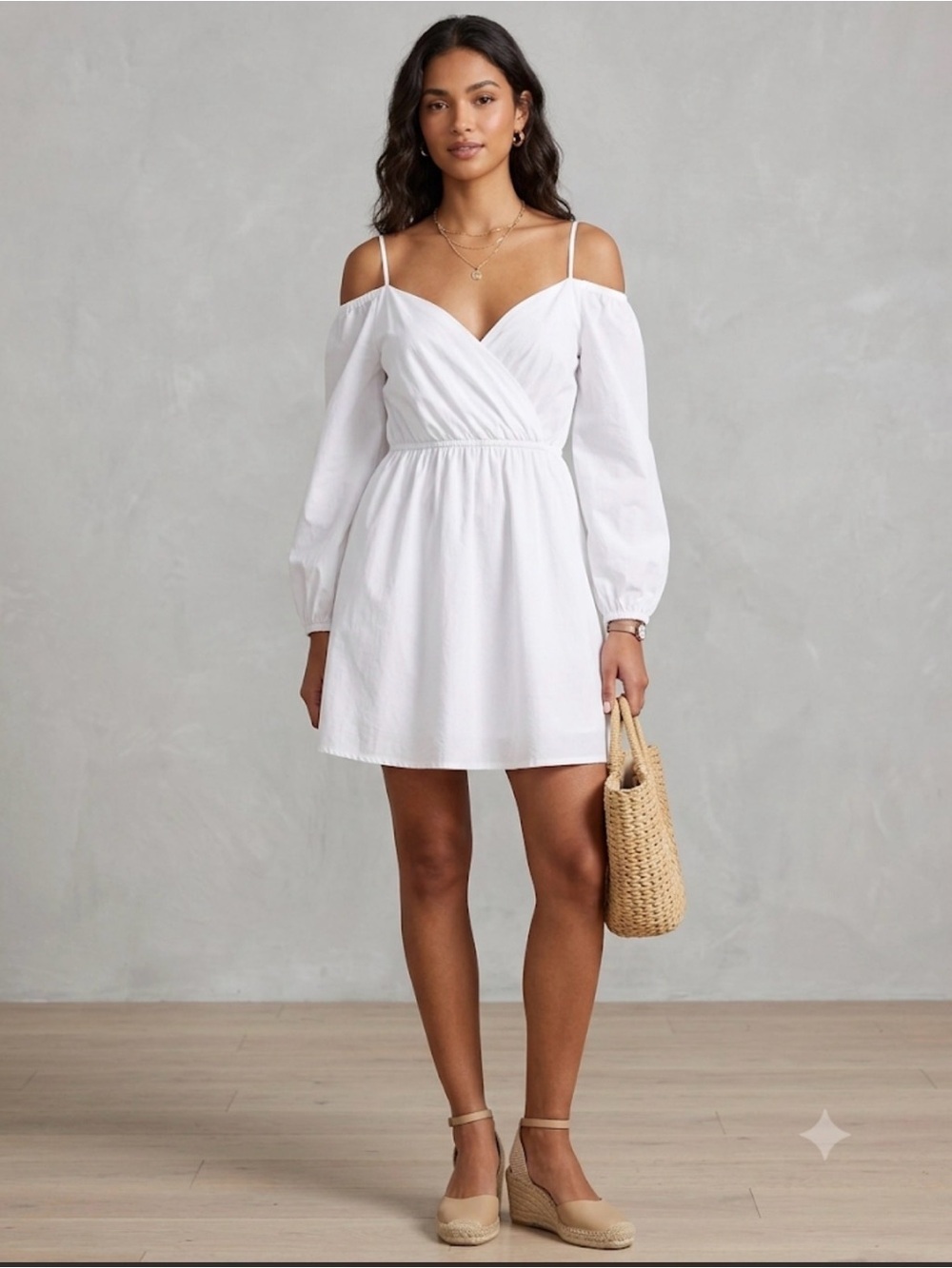 superdown x Revolve Leia Off Shoulder White V Neck Cotton Mini Dress XS